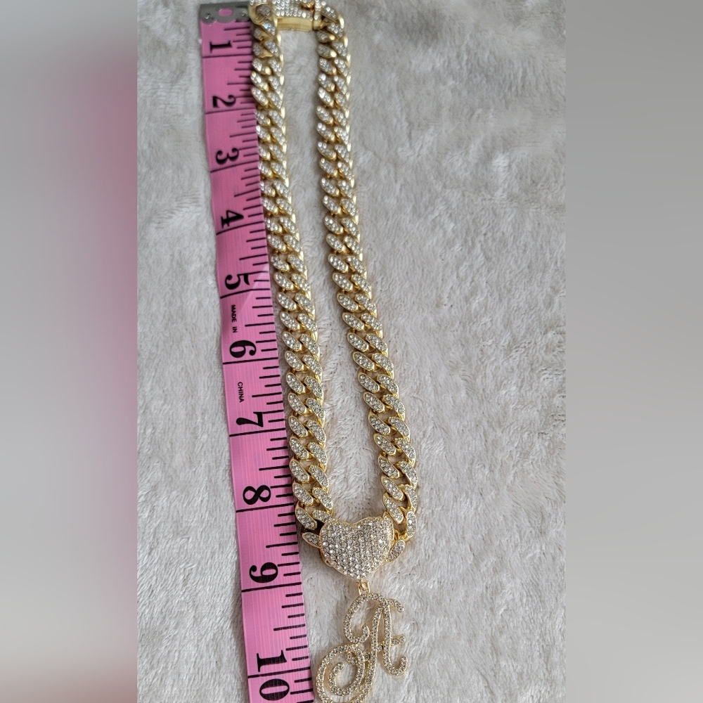 18K Gold Plated Iced Miami Cuban Link Chain With Heart/Cursive A Pendant - Picture 12 of 16
